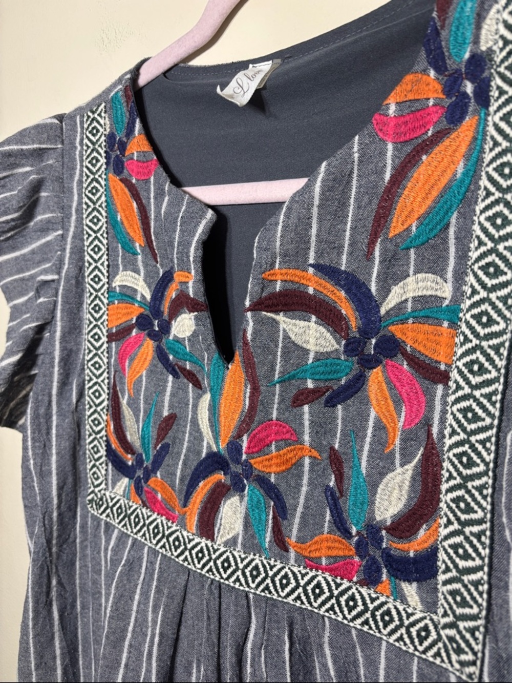 Striped Embroidered Mini Dress - Gray with Multicolor Floral Yoke - Picture 3 of 5